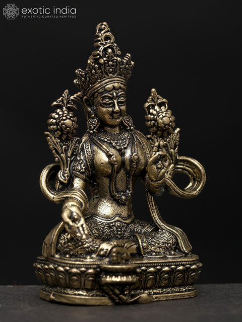 2" Small Superfine Tibetan Buddhist Goddess Green Tara | Brass Idol
