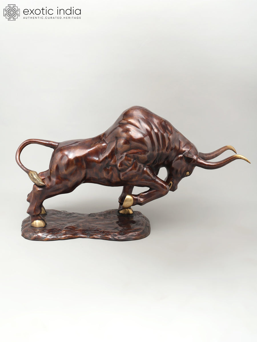 38" Attacking Angry Bull Brass Home Decor Statue