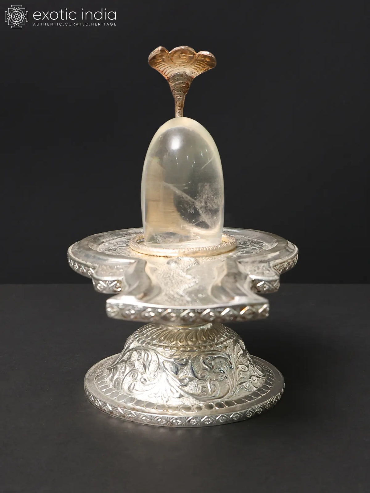 9" Silver Plated Brass And Crystal Shiva Linga Sculpture With Snake | Sculpture For Temple