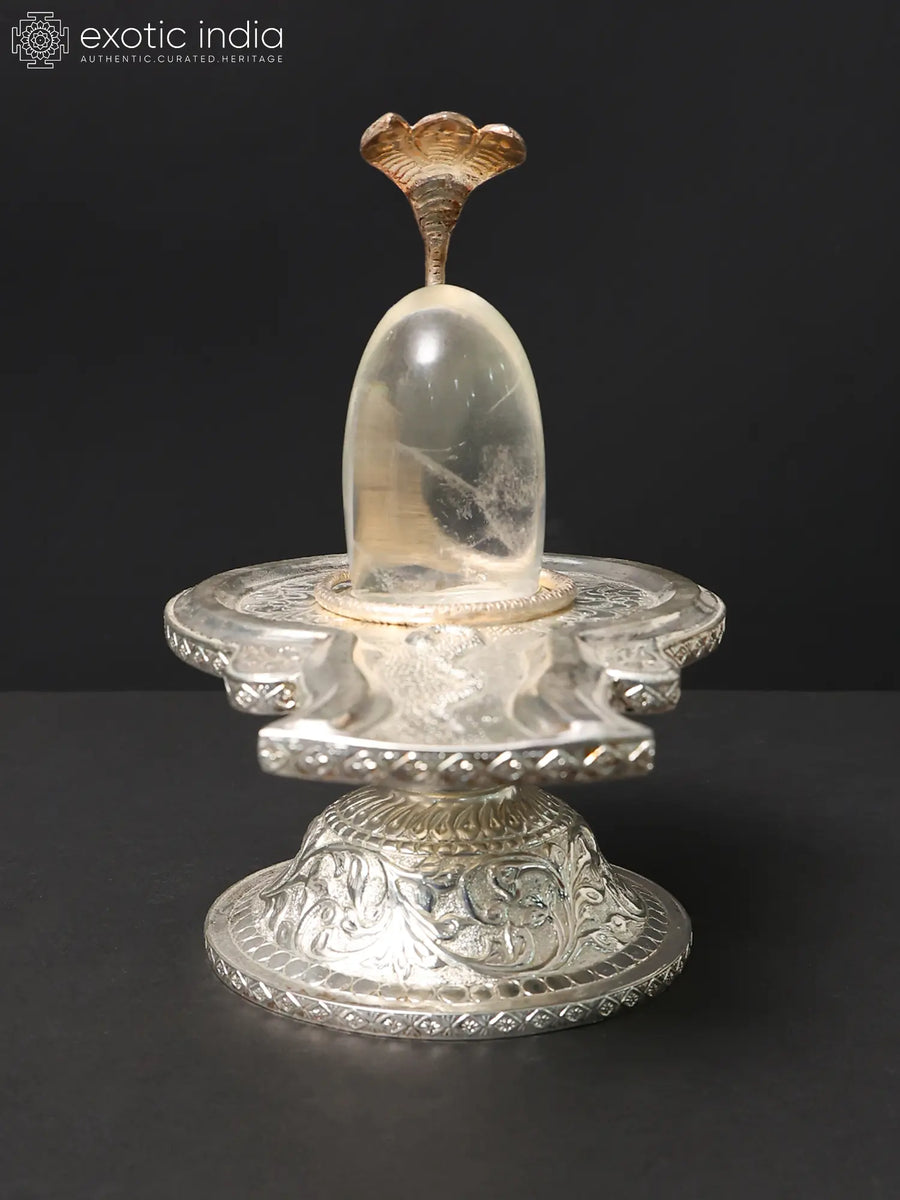9" Silver Plated Brass Shiva Linga Sculpture with Snake