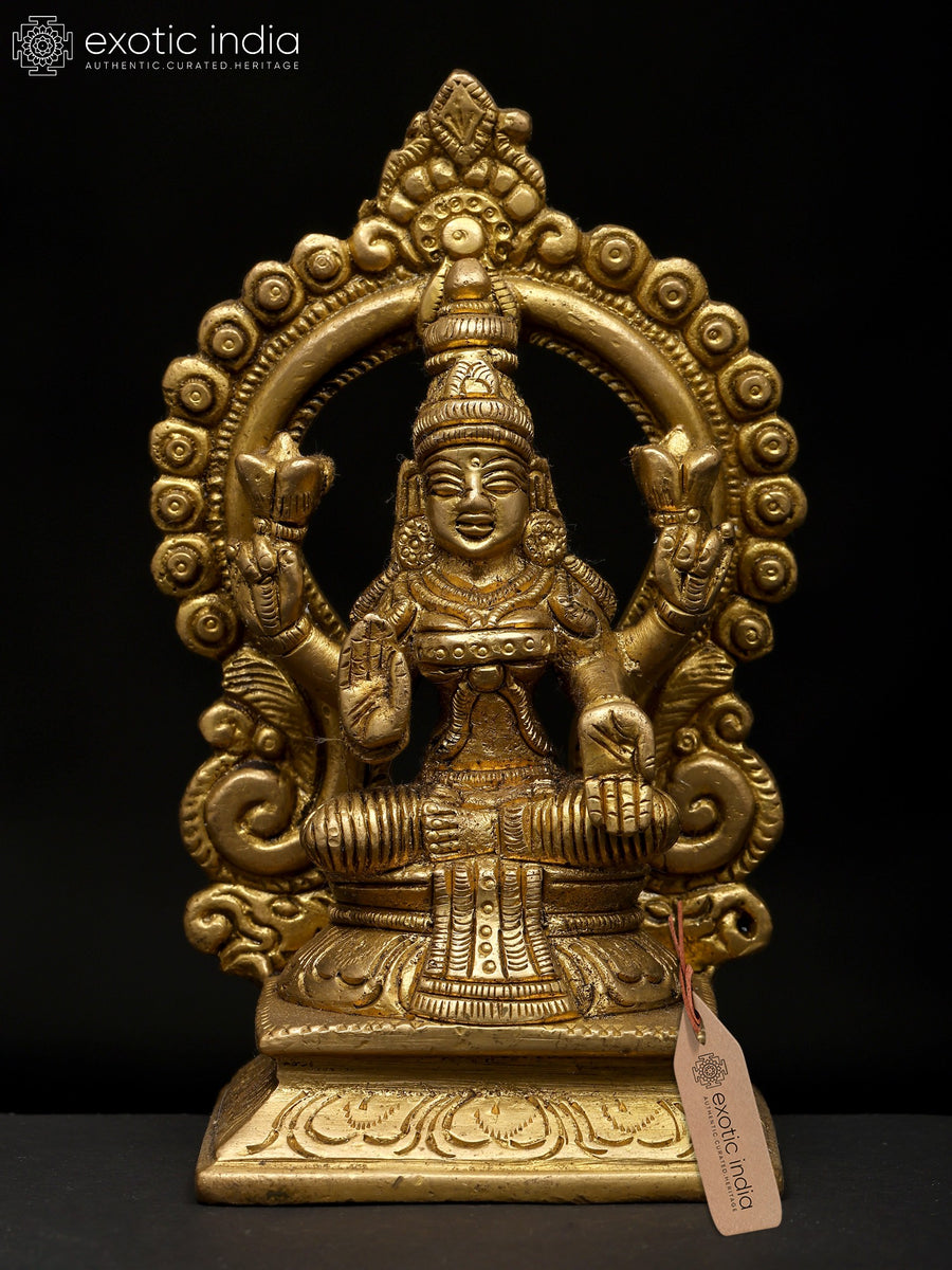 6" Blessing Goddess Lakshmi Seated on Throne Brass Statue