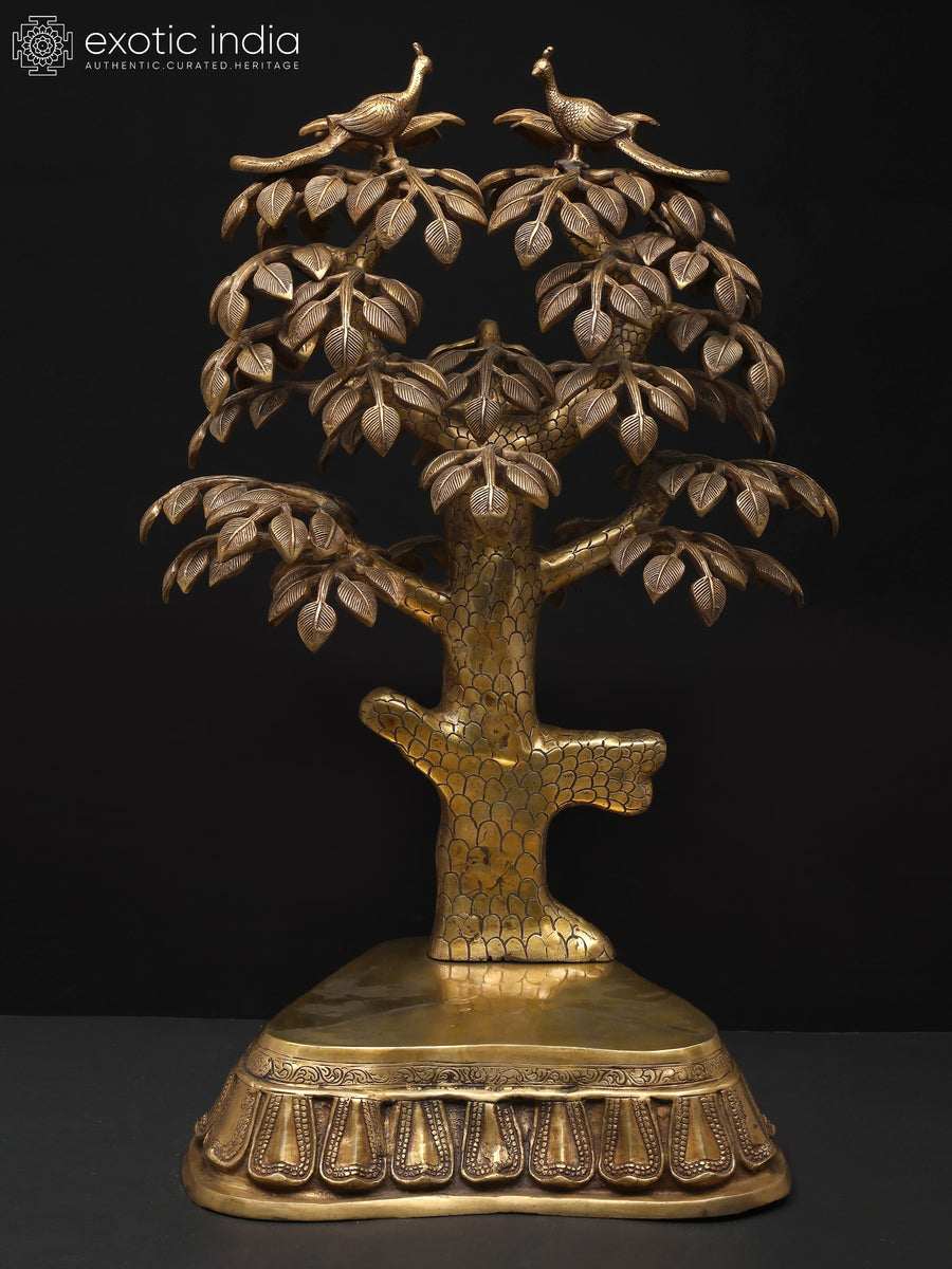 31" Brass Peacock Tree Statue with Designer Pedestal Base