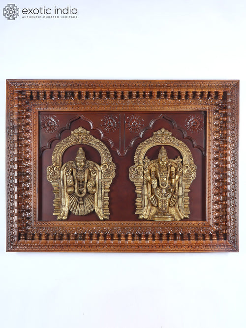 48" Wood Framed Venkateshvara and Devi Padmavathi Brass Wall Hanging