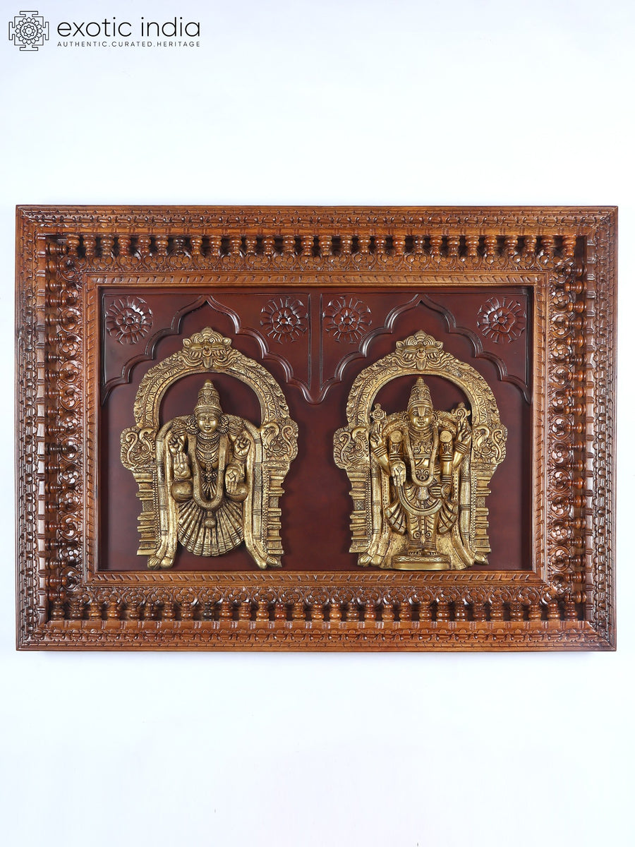 48" Wood Framed Venkateshvara and Devi Padmavathi Brass Wall Hanging