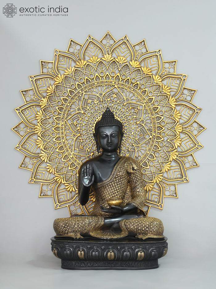 33" Large Blessing Lord Buddha with Mandala Backdrop | Brass Statue