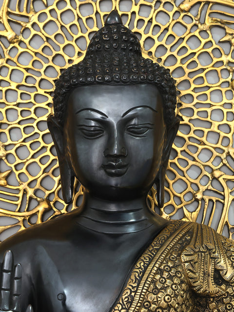 33" Large Blessing Lord Buddha with Mandala Backdrop | Brass Statue