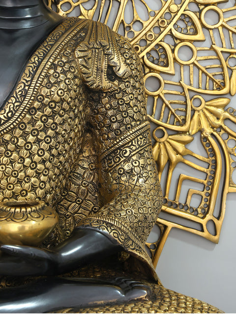 33" Large Blessing Lord Buddha with Mandala Backdrop | Brass Statue