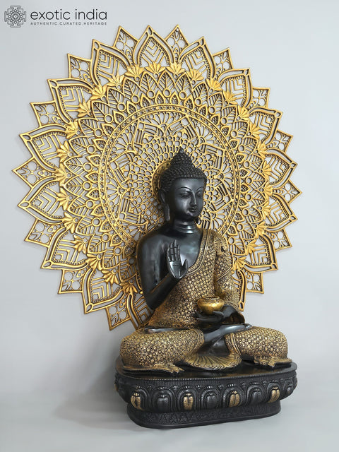 33" Large Blessing Lord Buddha with Mandala Backdrop | Brass Statue