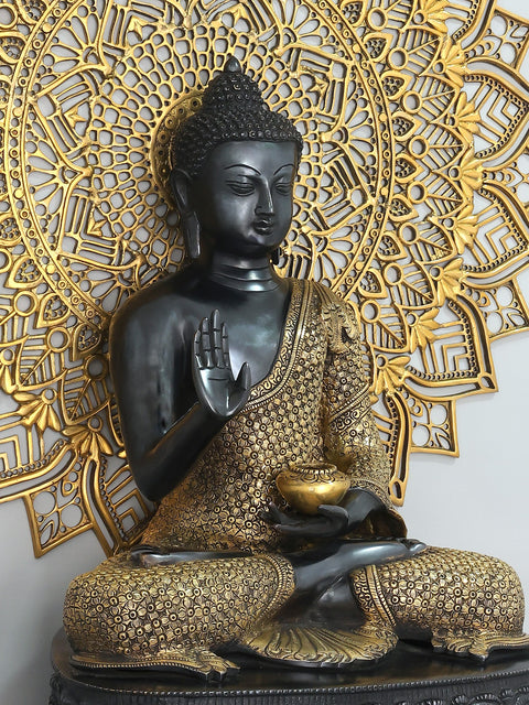 33" Large Blessing Lord Buddha with Mandala Backdrop | Brass Statue