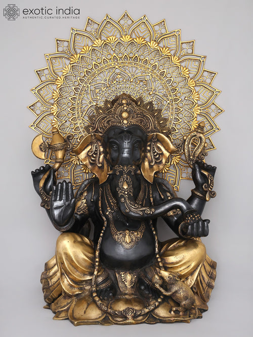 40" Chaturbhuja Lord Ganesha Brass Statue with Blessing Gesture and Mandala