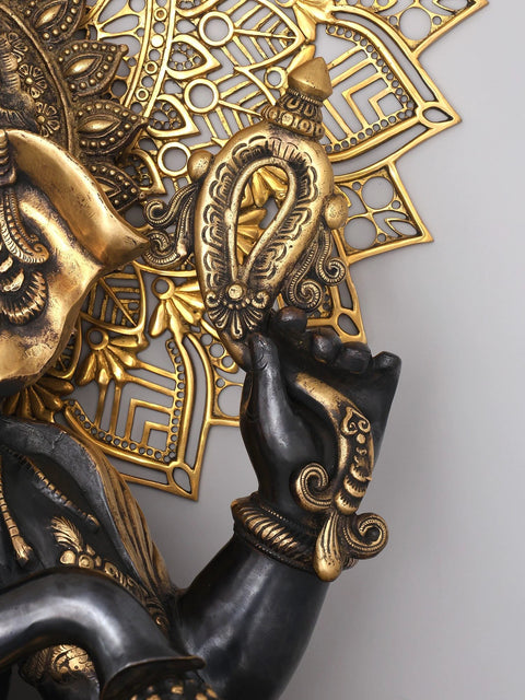 40" Large Chaturbhuja Lord Ganesha in Blessing Gesture with Mandala Backdrop | Brass Statue
