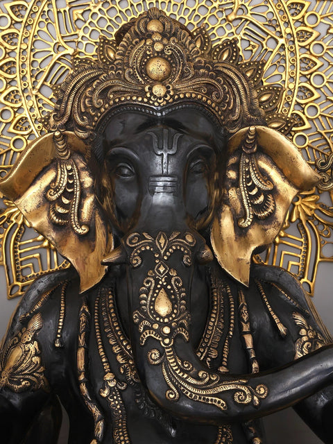 40" Large Chaturbhuja Lord Ganesha in Blessing Gesture with Mandala Backdrop | Brass Statue