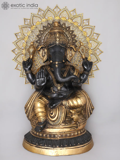 40" Four Armed Ganesha Brass Statue with Mandala Backdrop