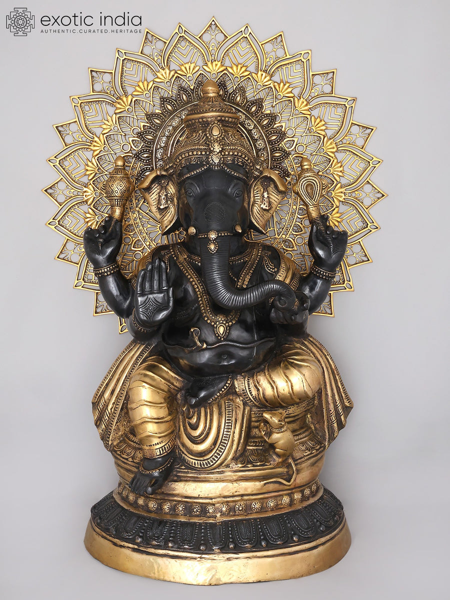 40" Four Armed Ganesha Brass Statue with Mandala Backdrop