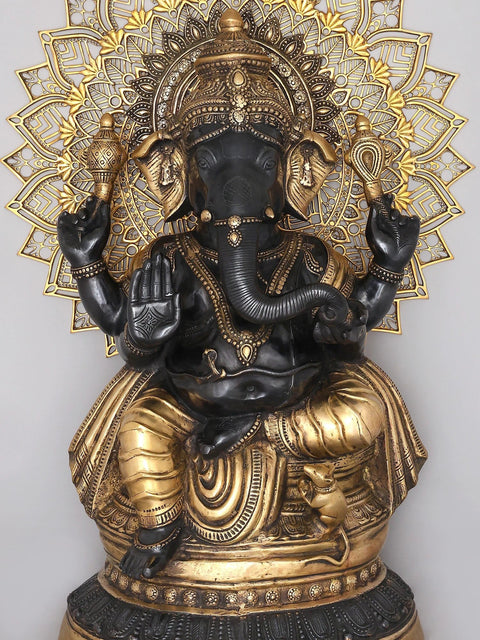 40" Large Four Armed Blessing Lord Ganesha with Mandala Backdrop | Brass Statue
