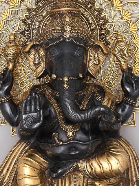 40" Large Four Armed Blessing Lord Ganesha with Mandala Backdrop | Brass Statue