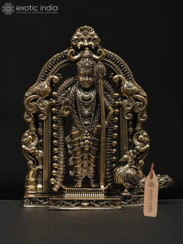 5" Standing Lord Murugan Brass Statue with Kirtimukha Prabhavali
