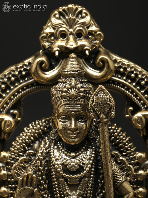 5" Small Superfine Standing Lord Murugan (Karttikeya) with Beautiful Kirtimukha Prabhavali | Brass Statue