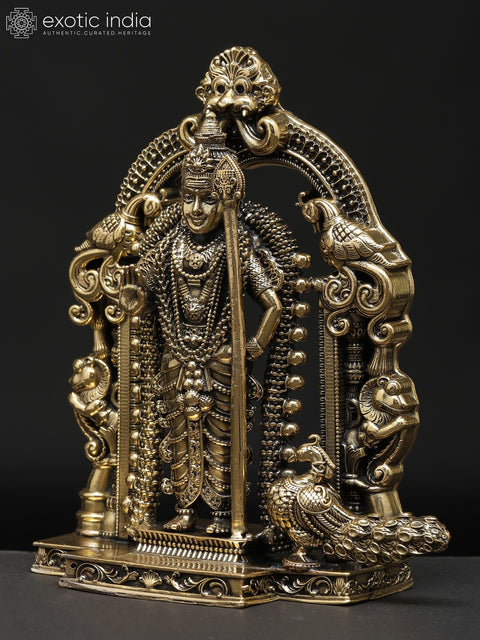 5" Small Superfine Standing Lord Murugan (Karttikeya) with Beautiful Kirtimukha Prabhavali | Brass Statue