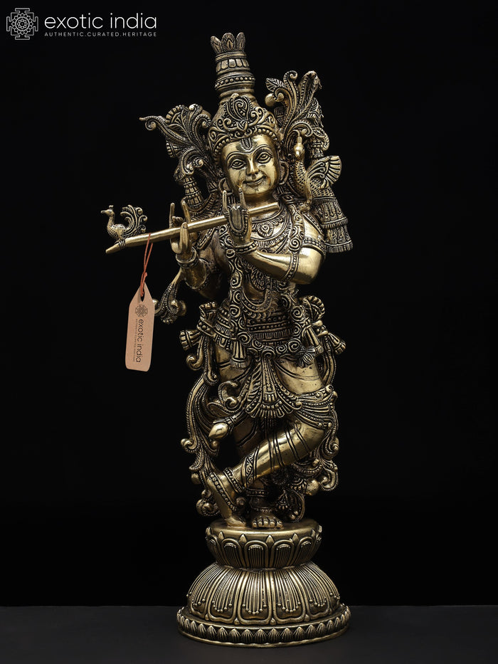 16" Standing Lord Krishna Playing Flute Brass Statue