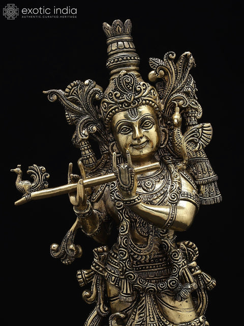 16" Superfine Standing Lord Krishna Playing Flute | Brass Statue