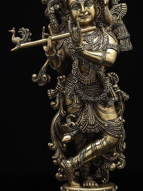 16" Superfine Standing Lord Krishna Playing Flute | Brass Statue
