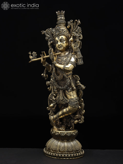 16" Superfine Standing Lord Krishna Playing Flute | Brass Statue