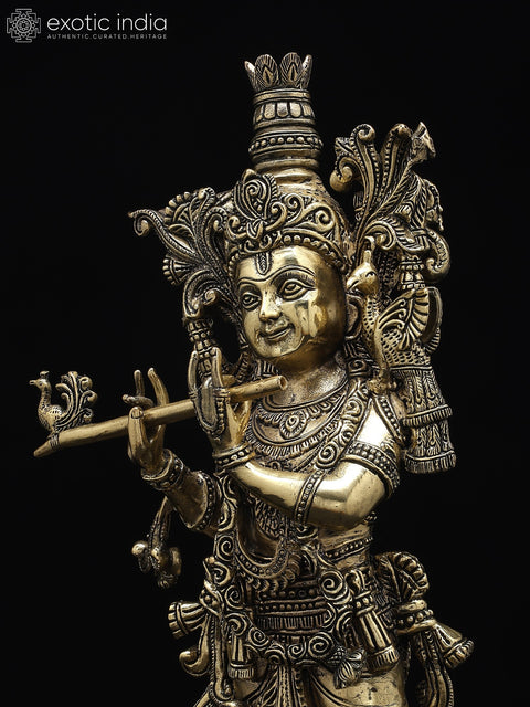 16" Superfine Standing Lord Krishna Playing Flute | Brass Statue