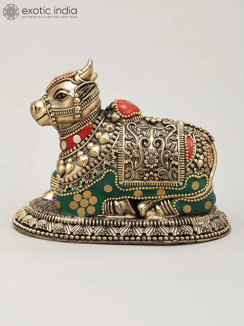 Superfine Nandi Brass Statue with Inlay Work - Shiva's Sacred Vahan
