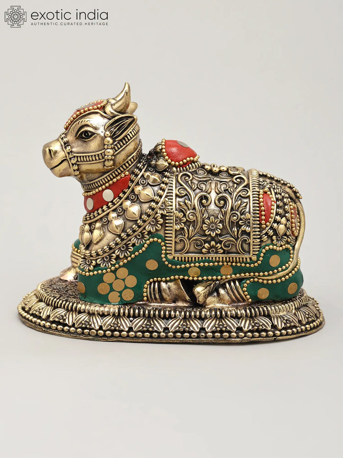 Superfine Nandi Brass Statue with Inlay Work - Shiva's Sacred Vahan