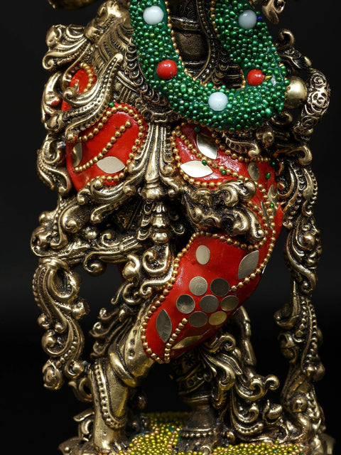 12" Superfine Lord Krishna Playing Flute | Brass Statue with Inlay Work