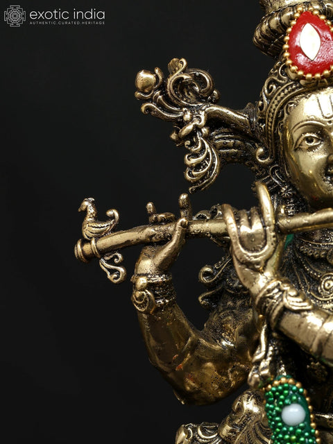 12" Superfine Lord Krishna Playing Flute | Brass Statue with Inlay Work