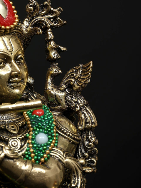 12" Superfine Lord Krishna Playing Flute | Brass Statue with Inlay Work