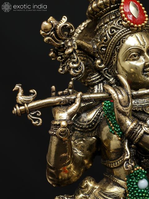 12" Superfine Lord Krishna Playing Flute | Brass Statue with Inlay Work