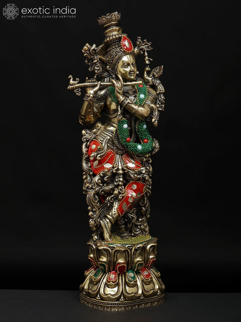 12" Superfine Lord Krishna Playing Flute | Brass Statue with Inlay Work