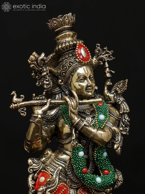 12" Superfine Lord Krishna Playing Flute | Brass Statue with Inlay Work