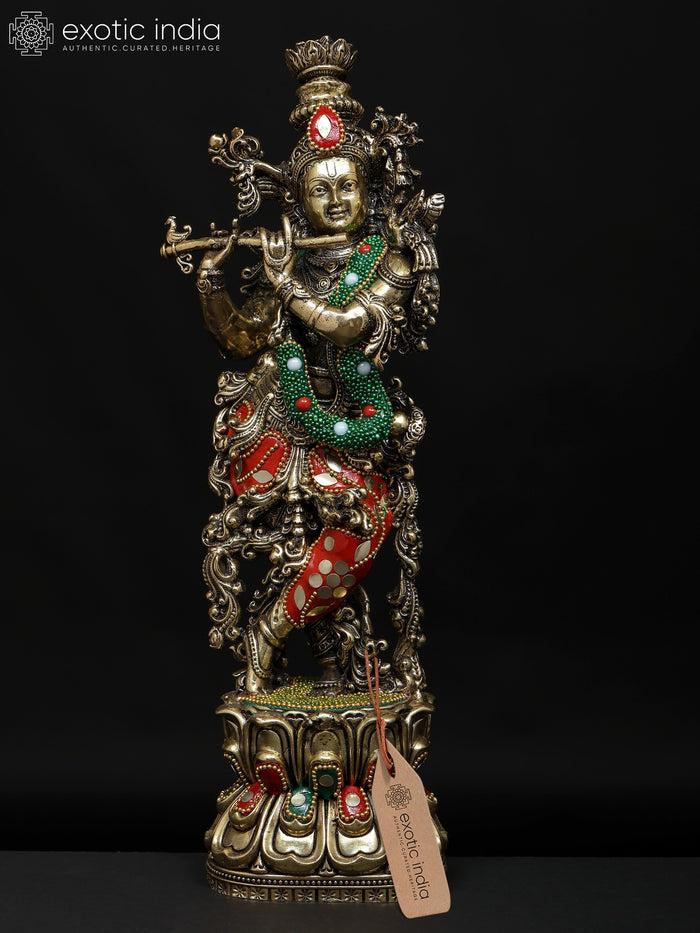 12" Handmade Lord Krishna Playing Flute Brass Statue with Inlay