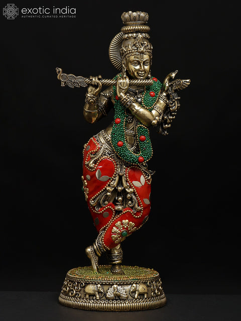 9" Superfine Fluting Lord Krishna | Brass Statue with Inlay Work