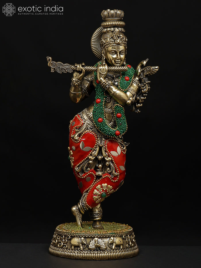 9" Lord Krishna with Flute Brass Statue Handmade Inlay Work