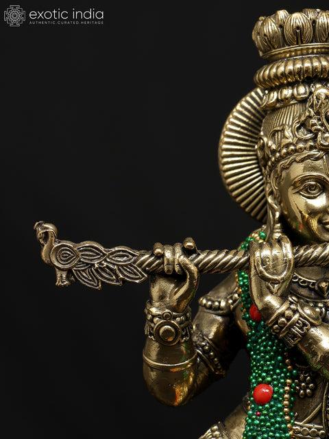 9" Superfine Fluting Lord Krishna | Brass Statue with Inlay Work
