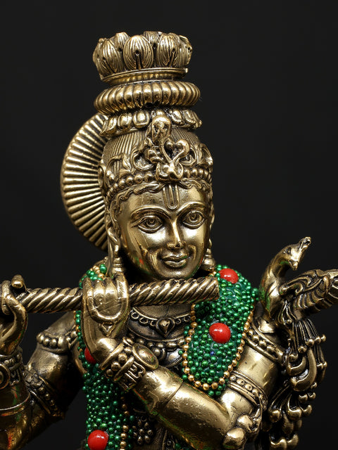 9" Superfine Fluting Lord Krishna | Brass Statue with Inlay Work
