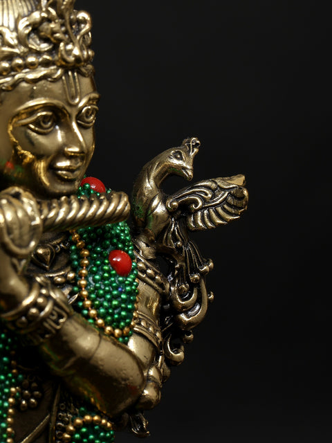 9" Superfine Fluting Lord Krishna | Brass Statue with Inlay Work