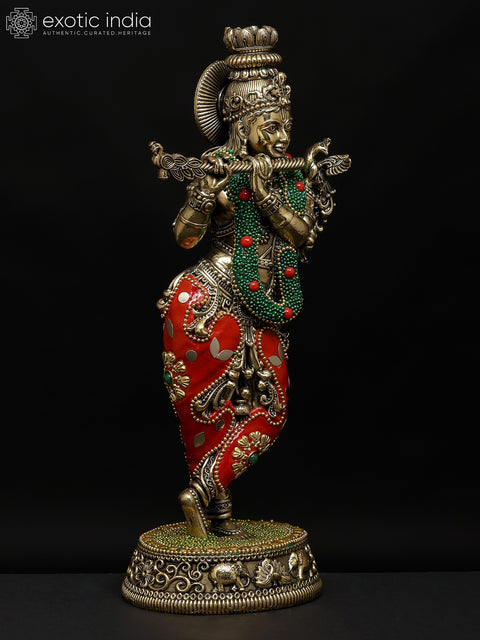 9" Superfine Fluting Lord Krishna | Brass Statue with Inlay Work