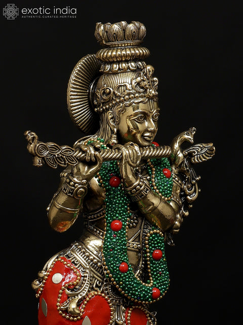 9" Superfine Fluting Lord Krishna | Brass Statue with Inlay Work