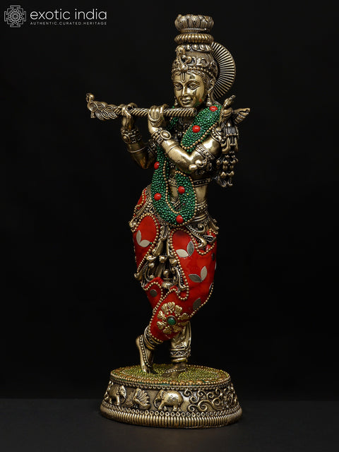 9" Superfine Fluting Lord Krishna | Brass Statue with Inlay Work