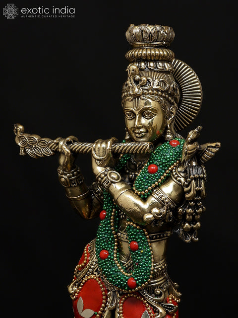 9" Superfine Fluting Lord Krishna | Brass Statue with Inlay Work