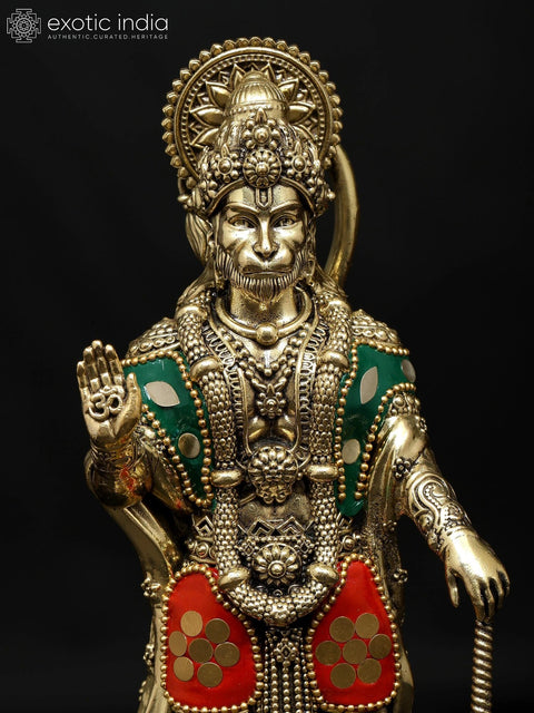 8" Superfine Standing Mahabali Hanuman in Blessing Gesture | Brass Statue with Inlay Work