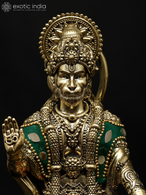 8" Superfine Standing Mahabali Hanuman in Blessing Gesture | Brass Statue with Inlay Work