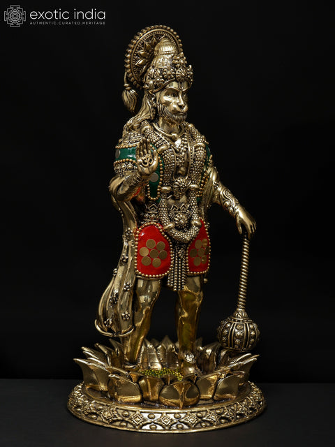 8" Superfine Standing Mahabali Hanuman in Blessing Gesture | Brass Statue with Inlay Work