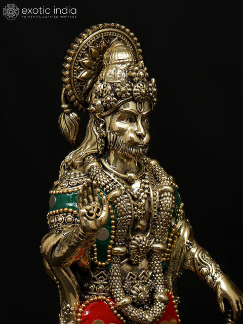 8" Superfine Standing Mahabali Hanuman in Blessing Gesture | Brass Statue with Inlay Work